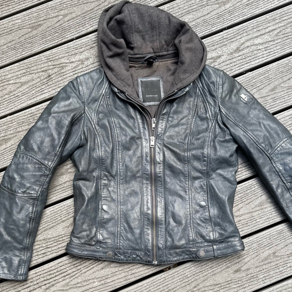 Andrew Marc Charcoal Leather Jacket With Hood